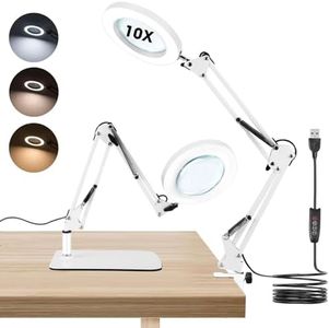 Towwoo Lampada con Lente d'Ingrandimento, 10X Lente d'ingrandimento da Tavolo con Luce e Supporto, 72 LED Dimmerabili, 3 Colore e 10 Livelli di Luminosità, per Lettura, Riparazione, Artigianato
