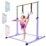 BREEZENEST Adjustable Gymnastics Bar for Kids, 13-Level Height Gym Bars (100-158cm) with Rings - Steel Frame & Beechwood Bar for Home Training, Indoor Outdoor Use (Purple)