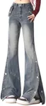 kakarin choyx Casual Straight Leg High Waisted Y2K Jeans Fashion Gradual Patchwork Sides Buttoned Split Flared Denim Pants S Vintage Blue