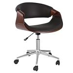 FohFurniture Curved Wood Rolling Home Office Desk Chair, Retro Wide Pu Leather Office Chair Vanity Chair Modern Walnut Computer Task Chair 360° Swivel Height Adjustable