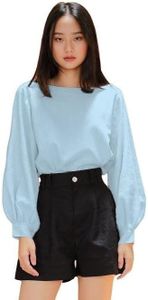 wearVAST Classic Long Bishop Sleeves Linen Shirt Women Boat Neck Linen Blouse, Baby Blue, XX-Large