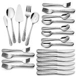 HaWare Hammered 65-Piece Silverware Set for 12, Stainless Steel Flatware Cutlery Serving Utensils, Modern Design Eating Tableware for Home Kitchen Hotel Restaurant, Mirror Polished, Dishwasher Safe