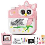 LETSHAHA Kids Camera Instant Print, 1080P Digital Video Instant Camera for Kids, Christams Birthday Gifts for Girls Boys Age 3-12, Toddler Cameras with 3 Rolls No Ink Print Paper & 32G SD Card - Owl