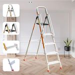 Prime Safe-T 5Step (4+1) Foldable Aluminium Ladder for Home and Office Use with Hand-Rails | Anti-Skid PVC Shoes | Garment Guards | Heavyduty Antiskid Platform