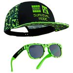 Minecraft Baseball Cap and Kids Sunglasses Set, Creeper Adjustable Boys Hat 100% UV Protection Kids Sunglasses Boys Holiday Accessories Gamer Gifts (Black/Green)