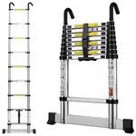 Telescopic Ladder 2.6M / 8.5FT Aluminium Extension Ladder with Stabilizer Bar & Detachable Hooks, Multi Purpose Extendable Loft Ladder Portable Ladder, 9 Steps, Black, Aluminium 1