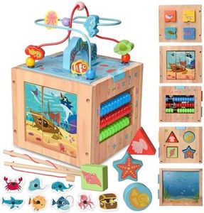 Achiyway 7 en 1 Mesa Actividades Bebé 1 Año, Juguete Montessori para Niños de 1 2 3 Años, Cubo de Actividades con Laberinto, Abaco, Juego de Pescar y Puzzles 1-3 Años