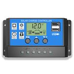 Solar Charge Controller, Topcloud 30A Solar Panel Controller 12V/24V PWM Auto Parameter Adjustable LCD Display Solar Panel Battery Regulator with Dual USB Port