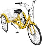 VEVOR Yellow Adult Tricycle 7 Speed Wheel Size Cruise Bike 26 Inch Adjustable Trike with Bell, Brake System Cruiser Bicycles Large Size Basket for Shopping