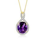 Rylos Necklaces for Women Yellow Gold Plated Silver Halo Necklace Gemstone & Genuine Diamonds Pendant 18" Chain 12X10MM Amethyst February Birthstone Womens Jewelry Silver Necklace For Women