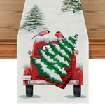 ADRIMER Snow Tree Truck Christmas Table Runner, Seasonal Winter Xmas Holiday Kitchen Dining Table Decoration for Indoor Outdoor Home Party Decor 13 x 90 Inch