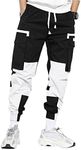 WDIRARA Men's Colorblock Cargo Pants Drawstring Waist Active Sporty Pants with Pockets Black and White XXL