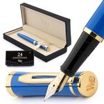 Wordsworth & Black Fountain Pen Set, 18K Gilded Fine Nib, Includes 24 Pack Ink Cartridges, Ink Refill Converter & Gift Box, Gold Finish, Calligraphy, [Imperial Blue], Perfect for Men & Women