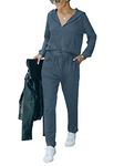 REORIA Womens Waffle Knit Tracksuits Long Sleeve Loungewear 2 Piece Outfits Joggers with Zip Up Hoodie Navy Blue XL