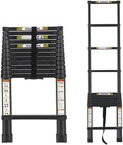 RIKADE Telescopic Ladder, 12.5 ft Aluminum Telescoping Ladder with Non-Slip Feet, Portable Extension Ladder for Household and Outdoor Working, 330 lb Capacity, Black
