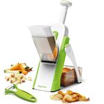 Starfrit Pump'n'Slice - Vertical Mandoline, Food Chopper, Slicer - Safe Enclosed Blades - Folds for Storage | Cleaning Tool -2-in-1 Peeler Included