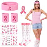 HOWAF Breast Cancer Awareness Costume Accessories, Pink Ribbon Breast Cancer Pink Headband Sweatbands Pink Wristbands Pink Socks Breast Cancer Pin Badge Pink Stickers Tattoos Cancer Gifts for Woman