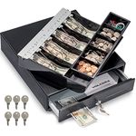 Volcora 13" Cash Register Drawer for Point of Sale (POS) System with Fully Removable 2 Tier Cash Tray, 4 Bill/5 Coin, 24V, RJ11/RJ12 Key-Lock, Double Media Slot, Small Money Drawer, Black