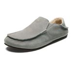 OLUKAI Moloa Slipper Men's Slippers, Premium Nubuck Leather Slip On Shoes, Shearling Lining & Gel Insert, Drop-In Heel, Sharkskin/Sharkskin, 9