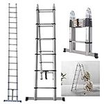 Telescopic Ladder 3.8m Folding A-Frame Ladder 1.9m+1.9m Multi-Purpose Extension Ladder Portable Extendable Ladder with Ladder Stabiliser for Garden Loft Office, 150kg EN131