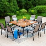 PHI VILLA 9 pcs Patio Dining Set,Heavy Duty Extra Large Square Metal Table with 1.9" Umbrella Hole, Wooden Like Table Top, 8 Textilene Dining Chairs, Breathable and Waterproof for Garden,Lawn