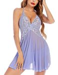 Avidlove Lingerie for Women Lace Babydoll Halter Chemise Lingerie V Neck Nightgown Sexy Nightdress Lavender