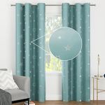 Encasa XO Printed Blackout Curtains 7 ft, 2 pcs | Silver Foil Star Teal Design I Room Darkening - Blocks 85% Light | Sound and Heat Reduction for Bedroom, Living Room I Machine Wash