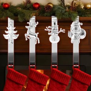 ANOEPUY Stocking Holders for Mantel, 4 PCS Mantle Garland Hanger,Snowman, Reindeer, Christmas Tree and Father Christmas Designs, with Non-Slip Base Hooks, Silver