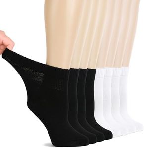 Hugh Ugoli Diabetic Socks for Women, Super Soft & Thin Ankle Socks, Wide & Loose, Non-Binding Top & Seamless Toe, 8 Pairs, White/Black, Shoe Size: 10-12