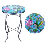 MUMTOP Side Patio Tables-Mosaic Outdoor Side Table - 14’’ Hummingbird and Flower Glass Accent Round End Table, Plant Stand Indoor Small Coffee Table for Garden or Living Room Decor