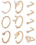 Zolure Nose Rings Hoops Nose Studs for Women 18g Rose Gold Surgical Steel Nose Piercing Jewelry L Shaped Diamond Heart Star for Men