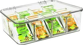 KICHLY Plastic Tea Bag Holder (Pack of 1) Plastic Tea Box Organizer With Lid - 8 Compartments Tea Organizer for Kitchen Countertops, Cabinets, Pantry (Clear)