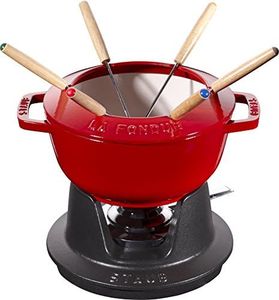 STAUB Service à Fondue en Fonte, avec 6 Fourchettes à Fondue, pour Fondue Savoyarde, Bourguignonne et au Chocolat, Ø 18 cm, Cerise