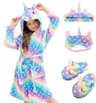 Girls Unicorn Hooded Robe with Matching Slippers, Headband, Blindfold Rainbow 4-10-12 Years