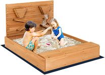 HONEY JOY Kids Sandbox with Cover, Outdoor Bottomless Sand Pit Play w/Liner, 30” Sand Wall w/Funnel, Chutes, Spinning Wheel, 3 Storage Compartments, Sand Boxes for Kids Backyard (with Sand Wall)