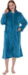 PAVILIA Womens Housecoat Zip Robe, Sherpa Zip Up Front Robe Bathrobe, Fuzzy Warm Zipper House Coat Lounger for Women Ladies Elderly with Pockets, Fluffy Fleece Long - Teal Sea Blue (Small/Medium)