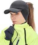 Gisdanchz Winter Ponytail Hat with Earflap for Women, Cold Weather Running Hat with Ponytail Hole, Reflective Fleece Winter Pony Caps Running Gear for Ladies Women, Dark Gray S/M