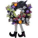 Halloween Wreaths for Front Door, Halloween Witch Wreath Black Wreath with Hat Witches Legs Pumpkin, Halloween Door Wreath Black Witch Wreath for Door,Porch,Window,Indoor and Outdoor Decor