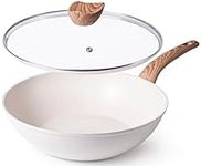 nuovva Induction Non Stick Wok Pan – Deep Stir Fry Pan with Glass Lid – 28cm Cream Frying Pan with Induction Base