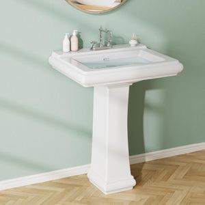 GarveeTech Rectangular Pedestal Sink, Bathroom Pedestal Sink 26 X 20 Inch White Ceramic Pedestal Bathroom Sink with Overflow & 3 Pre-Drilled Holes for 8-Inch Faucets