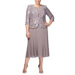 Alex Evenings Women's Plus Size Tea Length Button-Front Jacket Dress Special Occasion, Pewter/Frost, 28