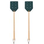 2pcs Leather Fly Swatter, Long Flyswatter Heavy Duty Catcher Manual with Wooden Handle and Hanging Rope Patterned Hollow Wasp Swatter for Indoor Outdoor (Dark Green)