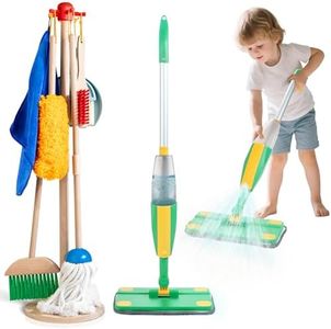 WOODMAM Wooden Kids Cleaning Set with Spray Mop, Momtessori Cleaning Toys Real Water Sprayer and Toddler Broom Mop Set, Housework Pretend Play Toy Gift for Boys Girls Ages 3+
