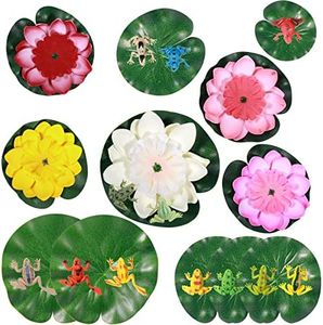 Juinte 22 Pcs Water Lily for Ponds Plastic Frog Figures Set, Include 12 Plastic Frogs and 5 Floating Lotus 5 Water Lily Artificial Pond Plants for Garden Home Decor Party Favor