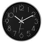 Foxtop 12 Inch Silver Wall Clock Silent Non-Ticking Decorative Battery Operated Quartz Round Wall Clock for Living Room Bedroom Home Office School Decor (Black Dial)