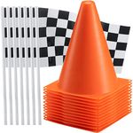 Traffic Cones and Racing Checkered Flags - (24 Pcs) 12 - Black and White Flags on Sticks and 12-7-Inch Mini Orange Sports Safety Cones for Kids - Race Car Birthday Party Decoration Supplies