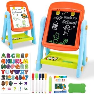 Qizebaby Kid Easel，4 in 1 Rotatable Double Sided Easel for Kids，Adjustable Standing Toddler Easel Board with Magnetic White Board & Chalk Board，Toy for Kid 3 4 5 6 Years Old Boys & Girls