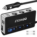 OOWOLF Quick Charge 3.0 Cigarette Lighter Adapter,180W 12V/24V 3-Socket DC Power Car Splitter with 6.6A 4 USB Ports,LED Display Voltage, Individual Switch