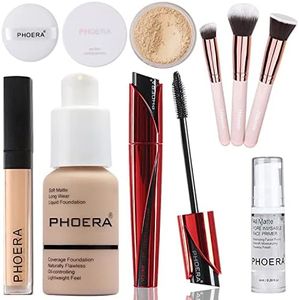 PHOERA Foundation,PHOERA 9D Mascara,PHOERA Makeup Foundation Full Coverage,PHOERA Primer, PHOERA Powder, PHOERA Concealer, Kabuki Brushes Foundation (102 Nude)