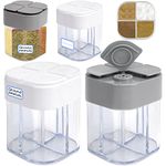 4 Pack 4 in 1 Plastic Salt and Pepper Shaker, 4 Grids Flip Empty Spice Dispensers Travel Spice Container Compartment Seasoning Shakers with Lid Travel Spice Jars with Labels for Cooking BBQ